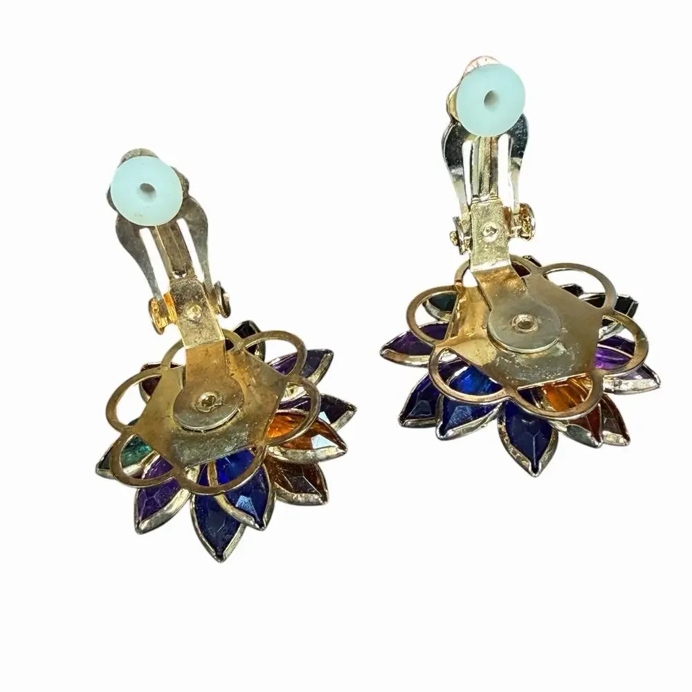 Vintage Multicolor Marquise Rhinestone Flower Earrings Faux Pearl Gold Tone
